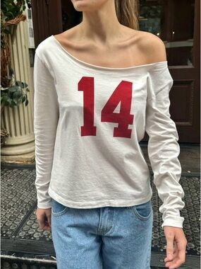 Brandy Melville White Off-Shoulder Long Sleeve Top with Red '14' Graphic